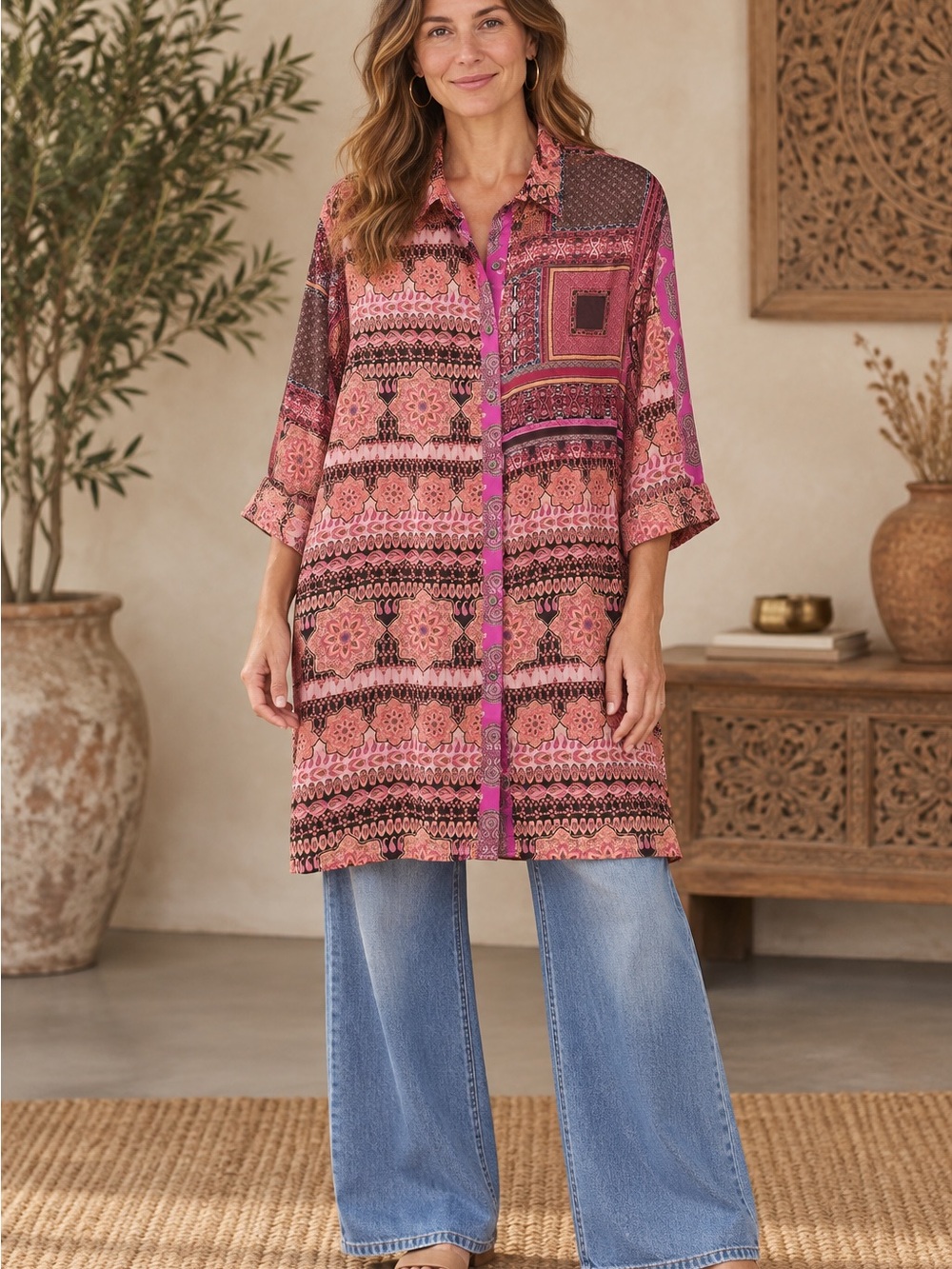 Silk Pink Patchwork Button-Front Tunic/Dress (090678) 🌼 ☀️